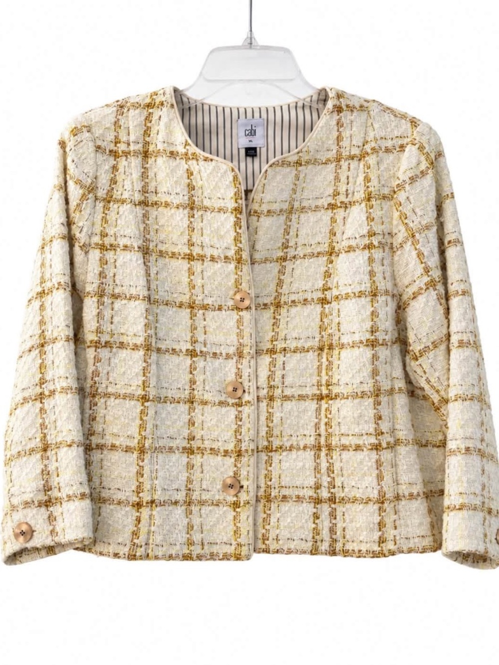 CAbi Coco Jacket Cream Mustard Plaid Tweed Size XL